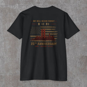 Black 9/11 25th anniversary tee, back print: faded American flag with rust-red Twin Towers and city skyline