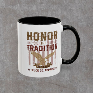 Truck Co. Honor the Tradition mug, white ceramic with black interior and handle, eagle over flag stripes with EST. 2026