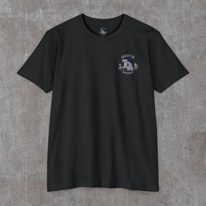 Black 9/11 memorial tee, front with a small grey Truck Co. Apparel skyline crest on the left chest