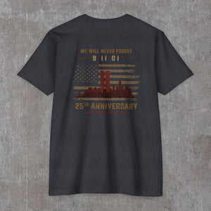 Charcoal 9/11 25th anniversary tee, back print: faded American flag with rust-red Twin Towers and city skyline
