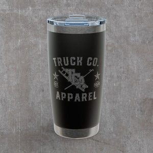 Black 20 oz engraved stainless tumbler with the Truck Co. Apparel crest: TCA between a crossed ladder and pike pole, two stars, EST. 2026