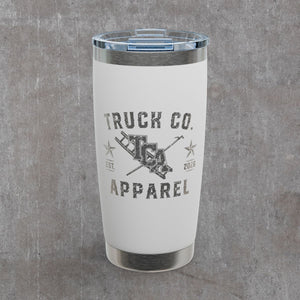 White 20 oz engraved stainless tumbler with the Truck Co. Apparel ladder-and-hook crest and slide-top lid