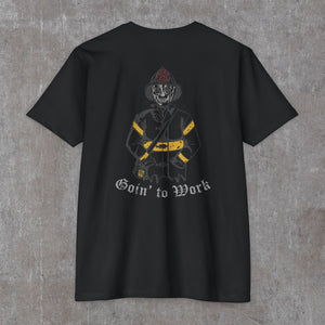 Back of the black Goin' to Work tee: skeleton firefighter in helmet and turnout gear with yellow reflective striping above Goin' to Work in blackletter