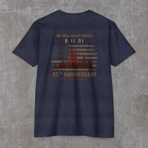Heathered navy 9/11 25th anniversary tee, back print: faded flag with rust-red Twin Towers and skyline