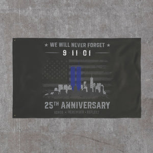 Full 36x60 Never Forget flag, greyscale flag and skyline with the Twin Towers standing in blue