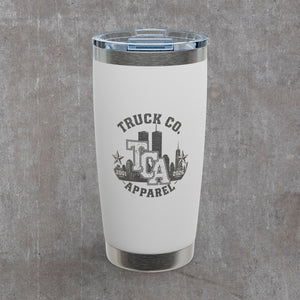 White 20oz tumbler engraved with the Truck Co. Apparel crest: TCA monogram, Twin Towers and One World Trade, 2001-2026