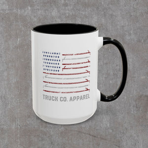 The 15 oz Hook Flag accent mug in white with a black handle, showing the full roof-hook flag artwork