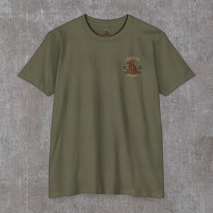 Military green 9/11 memorial tee, front with a small rust-red Truck Co. Apparel skyline crest on the left chest