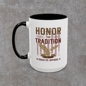 Angled view of the Truck Co. Honor the Tradition accent mug, black interior visible at the rim