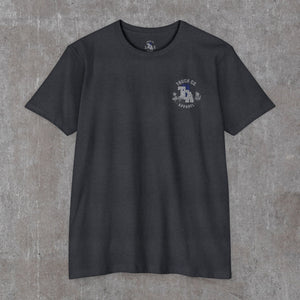 Charcoal 9/11 memorial tee, front with a small grey Truck Co. Apparel skyline crest on the left chest