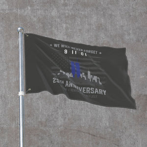 Blue Towers 9/11 memorial flag flying on a pole, Honor Remember Reflect along the bottom