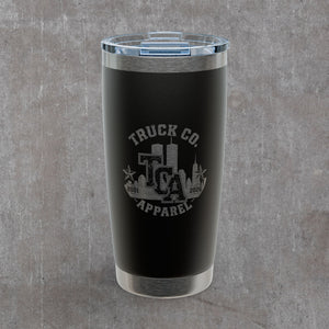 Black 20oz tumbler engraved with the Truck Co. Apparel crest: TCA monogram, Twin Towers and One World Trade, 2001-2026