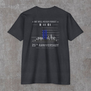 Charcoal We Will Never Forget tee, back print: greyscale flag and skyline with the Twin Towers standing in blue