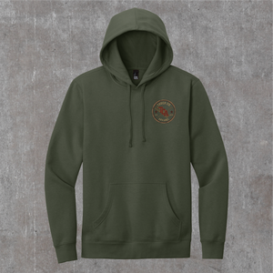 Front of the olive Truck Co. Apparel hoodie with the round TCA ladder-and-hook crest on the left chest