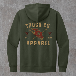 Back of the olive Truck Co. Apparel vintage logo hoodie, tan and brick red TCA crest with crossed ladder and pike pole