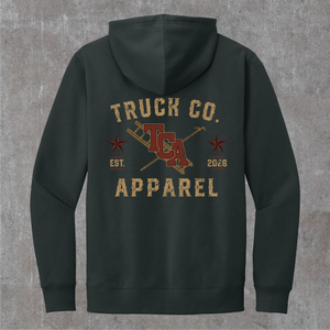Back of the charcoal Truck Co. Apparel vintage logo hoodie with the TCA ladder-and-hook crest