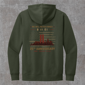 Olive 9/11 memorial hoodie, back print: faded flag with rust-red Twin Towers and 25th Anniversary lettering