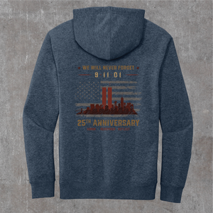 Heathered navy 9/11 memorial hoodie, back print: faded flag with rust-red Twin Towers, 25th Anniversary