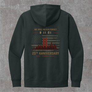 Charcoal 9/11 memorial hoodie, back print: faded flag with rust-red Twin Towers and 25th Anniversary lettering