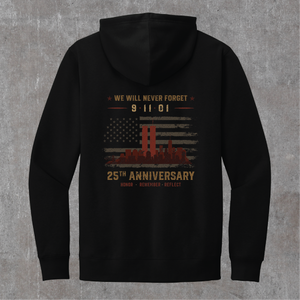 Black 9/11 memorial hoodie, back print: faded flag with rust-red Twin Towers and 25th Anniversary lettering