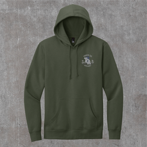 Olive 9/11 hoodie, front with a small greyscale Truck Co. Apparel skyline crest on the left chest