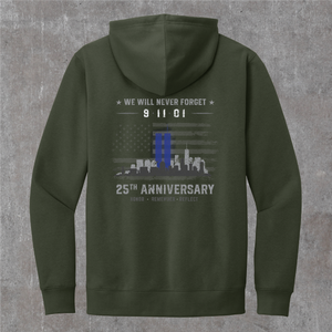 Olive 9/11 hoodie, back print: greyscale flag and skyline with the Twin Towers standing in blue, 25th Anniversary