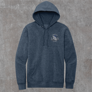 Heathered navy 9/11 hoodie, front with a small greyscale Truck Co. Apparel skyline crest on the left chest