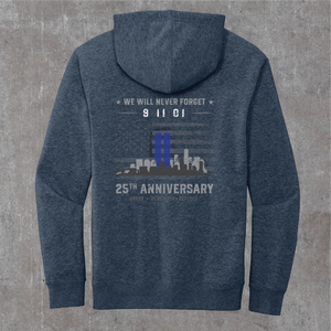 Heathered navy 9/11 hoodie, back print: greyscale flag and skyline with the Twin Towers in blue, 25th Anniversary