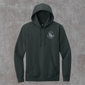 Charcoal 9/11 hoodie, front with a small greyscale Truck Co. Apparel skyline crest on the left chest