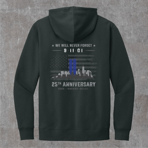 Charcoal 9/11 hoodie, back print: greyscale flag and skyline with the Twin Towers in blue, 25th Anniversary