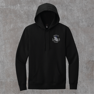 Black 9/11 hoodie, front with a small greyscale Truck Co. Apparel skyline crest on the left chest