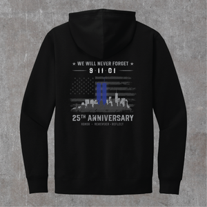 Black 9/11 hoodie, back print: greyscale flag and skyline with the Twin Towers standing in blue, 25th Anniversary