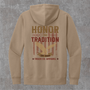 Back of the desert tan Honor the Tradition hoodie with the eagle over flag stripes and EST. 2026 banner