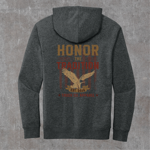 Back of the heathered charcoal Honor the Tradition hoodie with the eagle and EST. 2026 banner