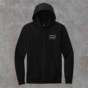 Front of the black Goin' to Work hoodie with the crossed-tools Truck Co. Apparel crest on the left chest