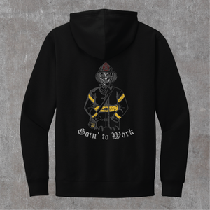 Back of the black Goin' to Work hoodie: skeleton firefighter in helmet and turnout gear with yellow reflective striping above Goin' to Work in blackletter