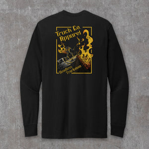 Headless Truckman long sleeve tee in Black, back view with full-back print of a headless firefighter holding a flaming jack-o'-lantern on an aerial ladder above a burning roof