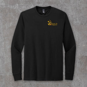 Headless Truckman long sleeve tee in Black, front view with Truck Co. Apparel flaming jack-o'-lantern logo on the left chest