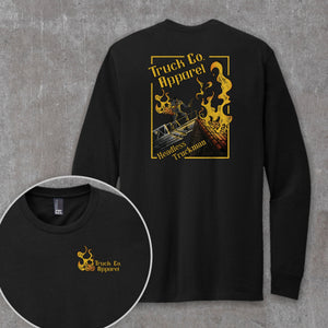 Headless Truckman long sleeve tee in Black, full-back print with close-up inset of the front showing the Truck Co. Apparel flaming jack-o'-lantern left-chest logo