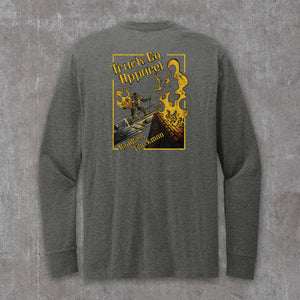 Headless Truckman long sleeve tee in Heathered Charcoal, back view with full-back print of a headless firefighter holding a flaming jack-o'-lantern on an aerial ladder above a burning roof
